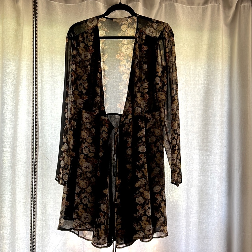 Floral, long sleeve, wrap-around dress